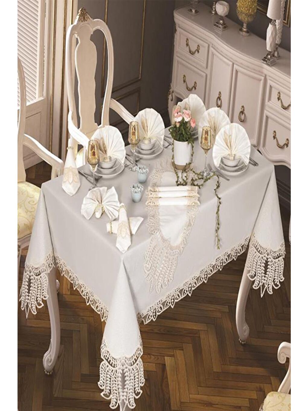 Ekru Grape Masa Örtüsü 26 Parça Krem-2