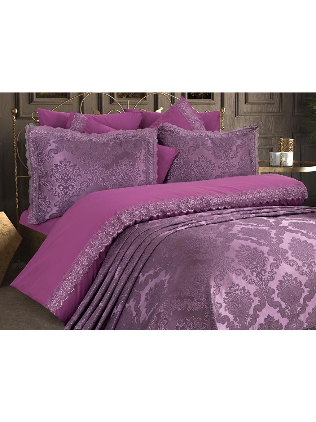 Karışık Fransız Dantelli Lalezar Gelin Seti 7 Parça Mürdüm-1