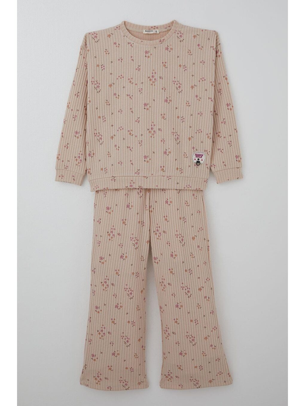 Kız Çocuk Pantolonlu Takım Çiçek Desenli Pembe Arma Aksesuar Detaylı Pudra (4-8 Yaş)