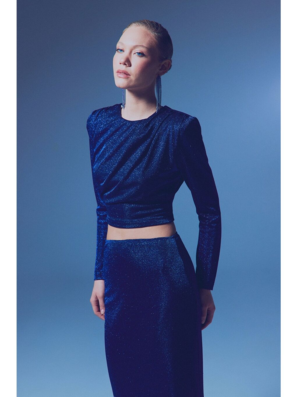 Vatkalı Simli Bluz - Sax Mavi-4