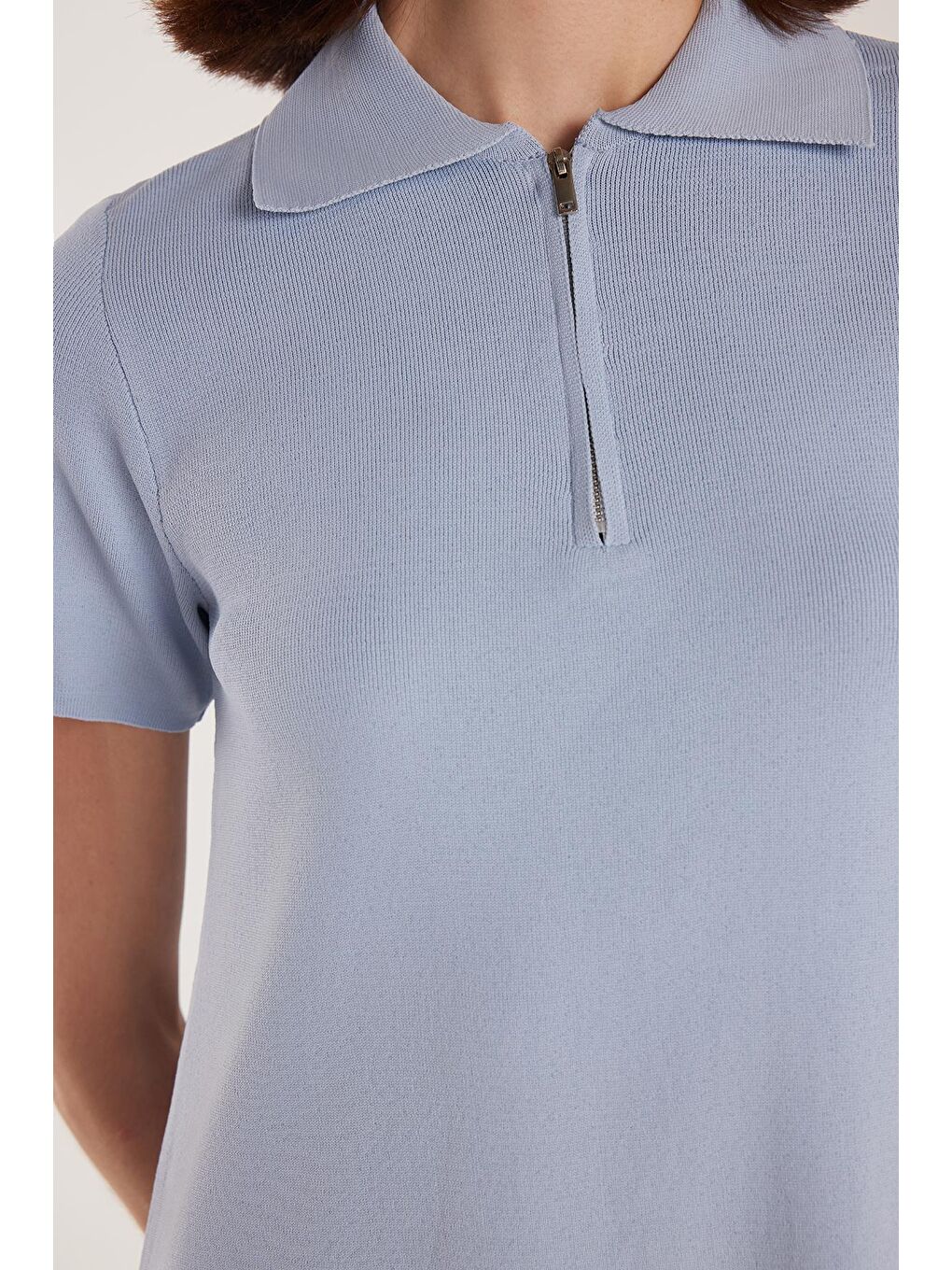 Kadın Standart Fit Kısa Kollu Fermuarlı Gömlek Yaka Mavi Elbise-2