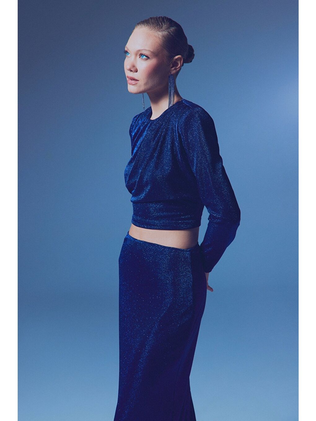 Vatkalı Simli Bluz - Sax Mavi-5