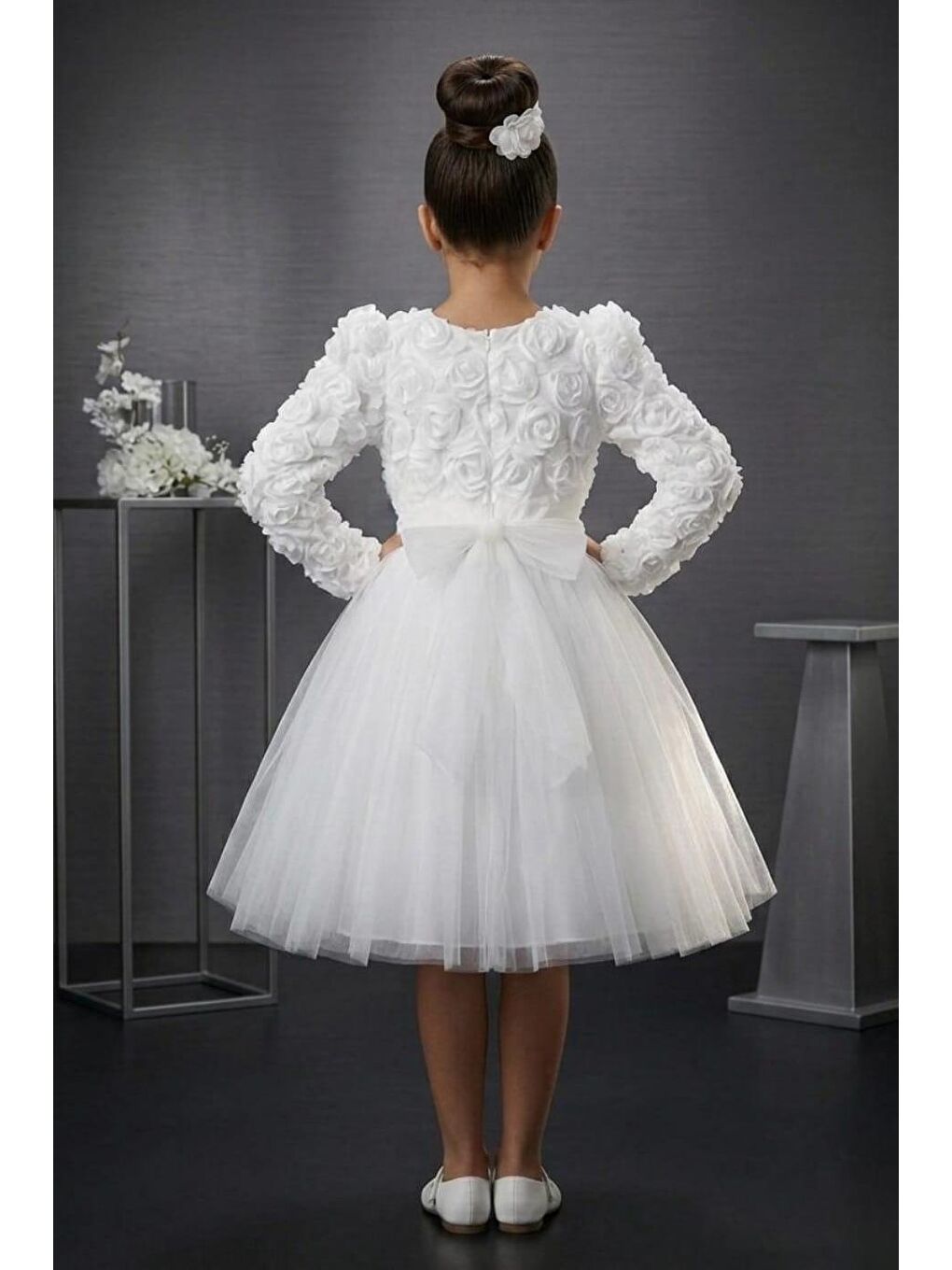 Beyaz Luvia Uzun Kol Kız Tütü Abiye Elbise M00810-1