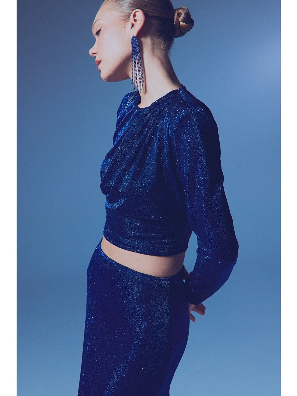 Vatkalı Simli Bluz - Sax Mavi-6