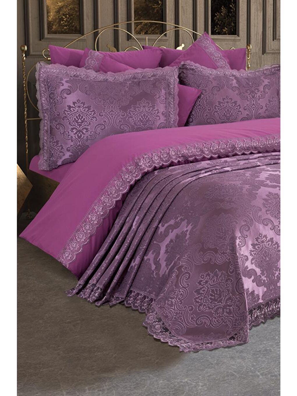 Karışık Fransız Dantelli Lalezar Gelin Seti 7 Parça Mürdüm-3