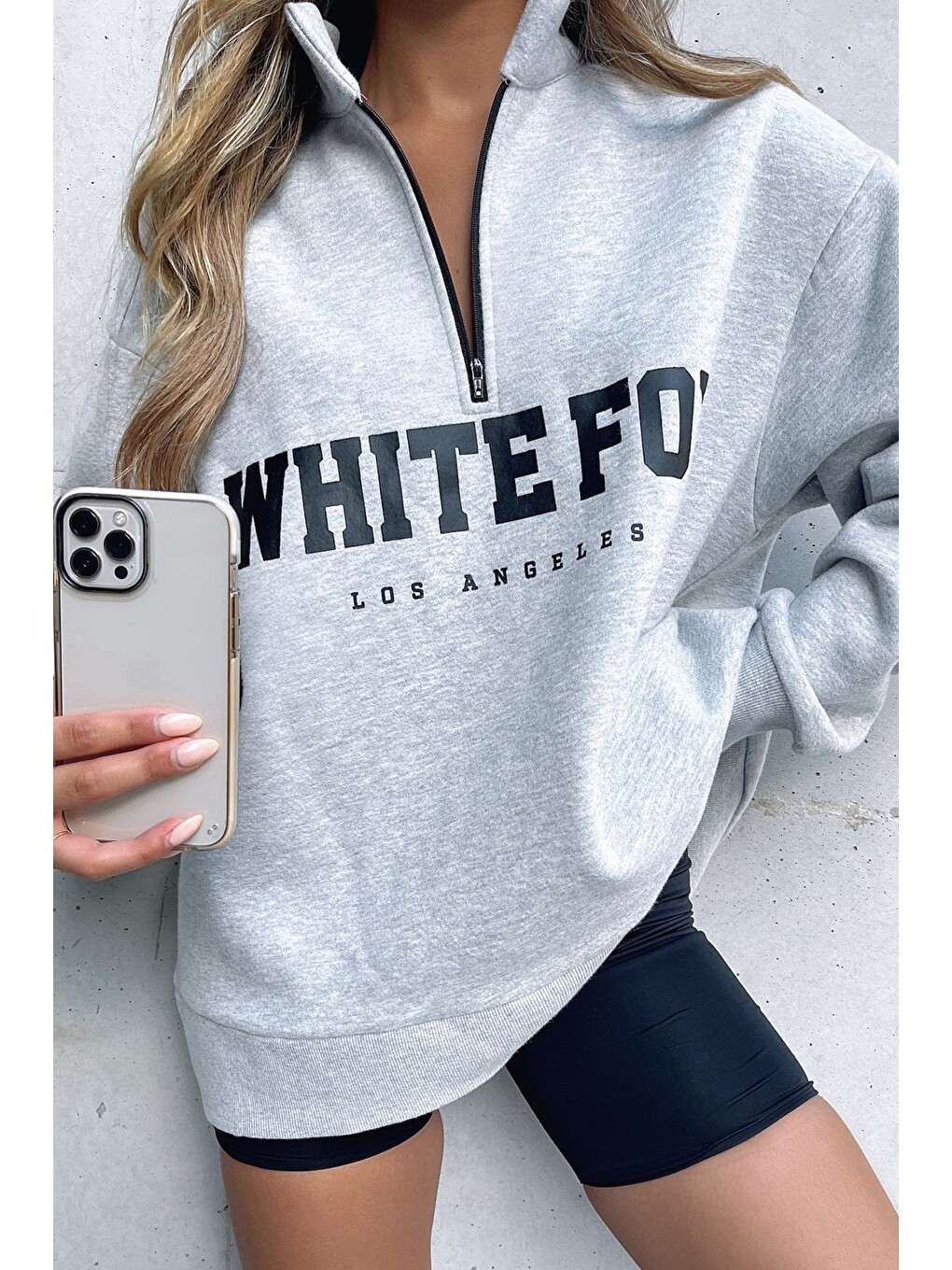 Beyaz Karmelanj Fermuar Detaylı Baskılı Sweatshirt Mg1246-4