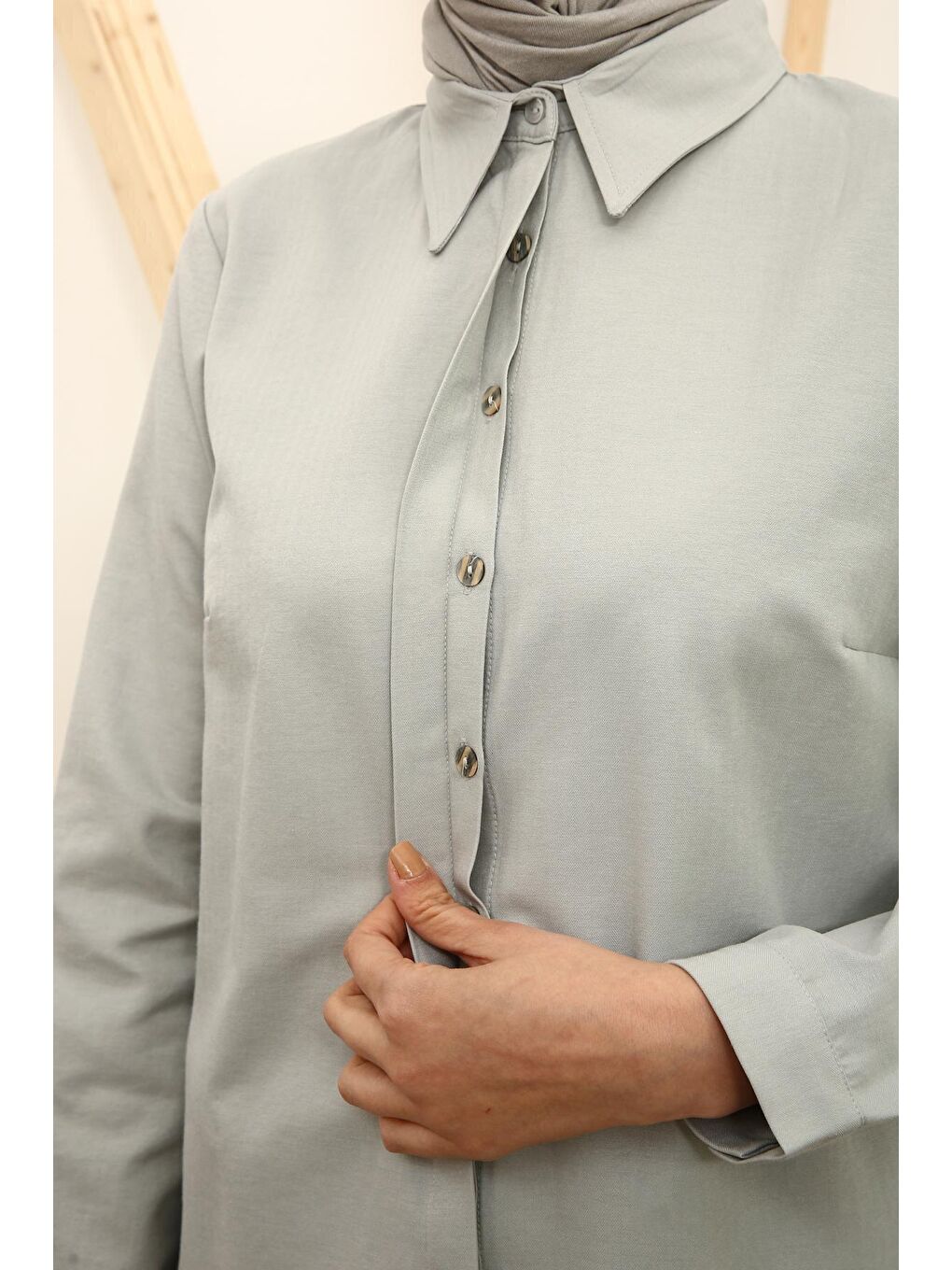 Gri01 Basic Gizli Patlı Gömlek Tunik-4