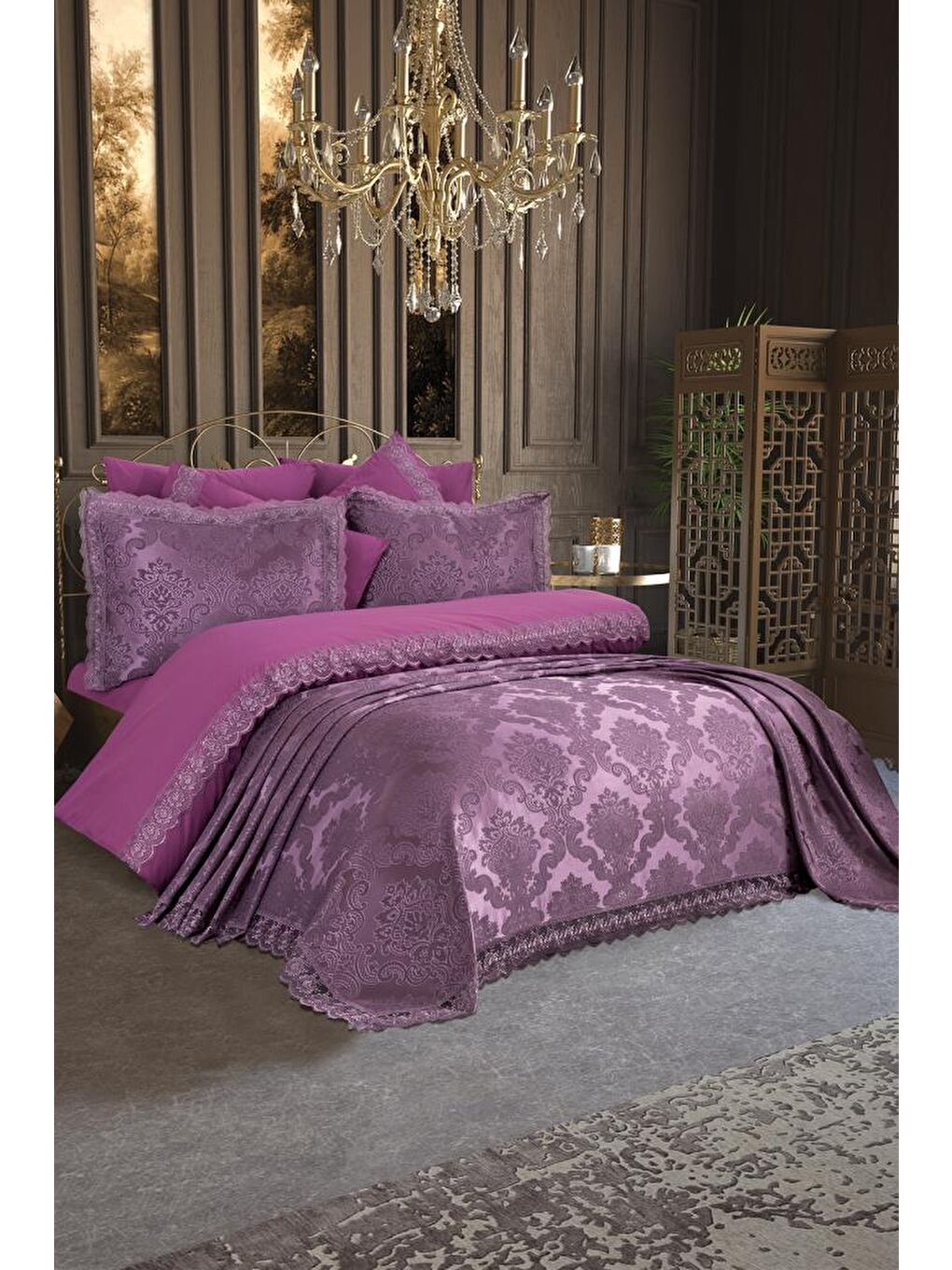 Karışık Fransız Dantelli Lalezar Gelin Seti 7 Parça Mürdüm-4