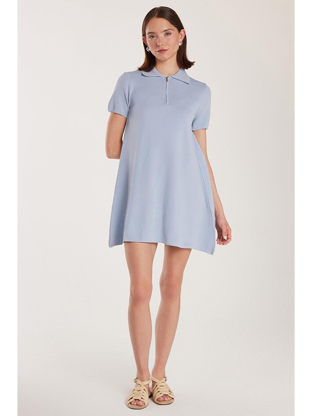 Kadın Standart Fit Kısa Kollu Fermuarlı Gömlek Yaka Mavi Elbise-3