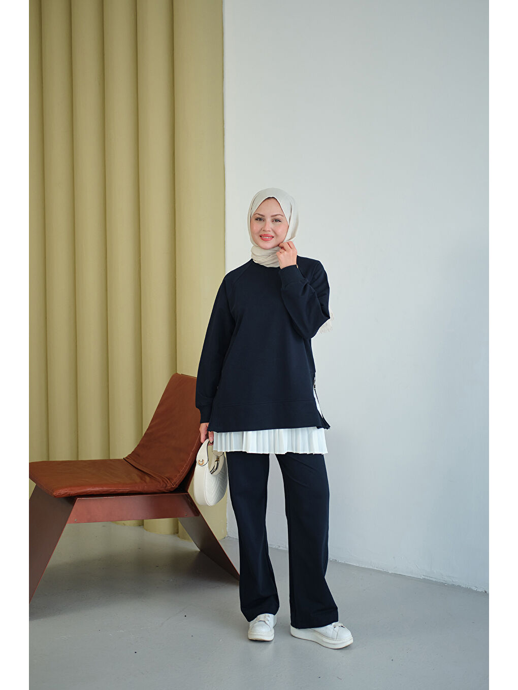 Kadın Yanları Fitilli Fermuarlı Basic Takım Lacivert-1