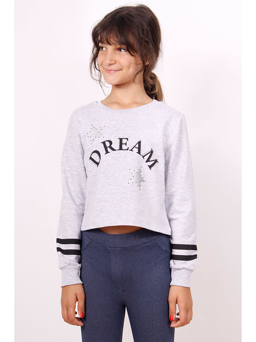 Gri Kız Çocuk Yıldızlı Dream Baskılı Sweatshirt-3