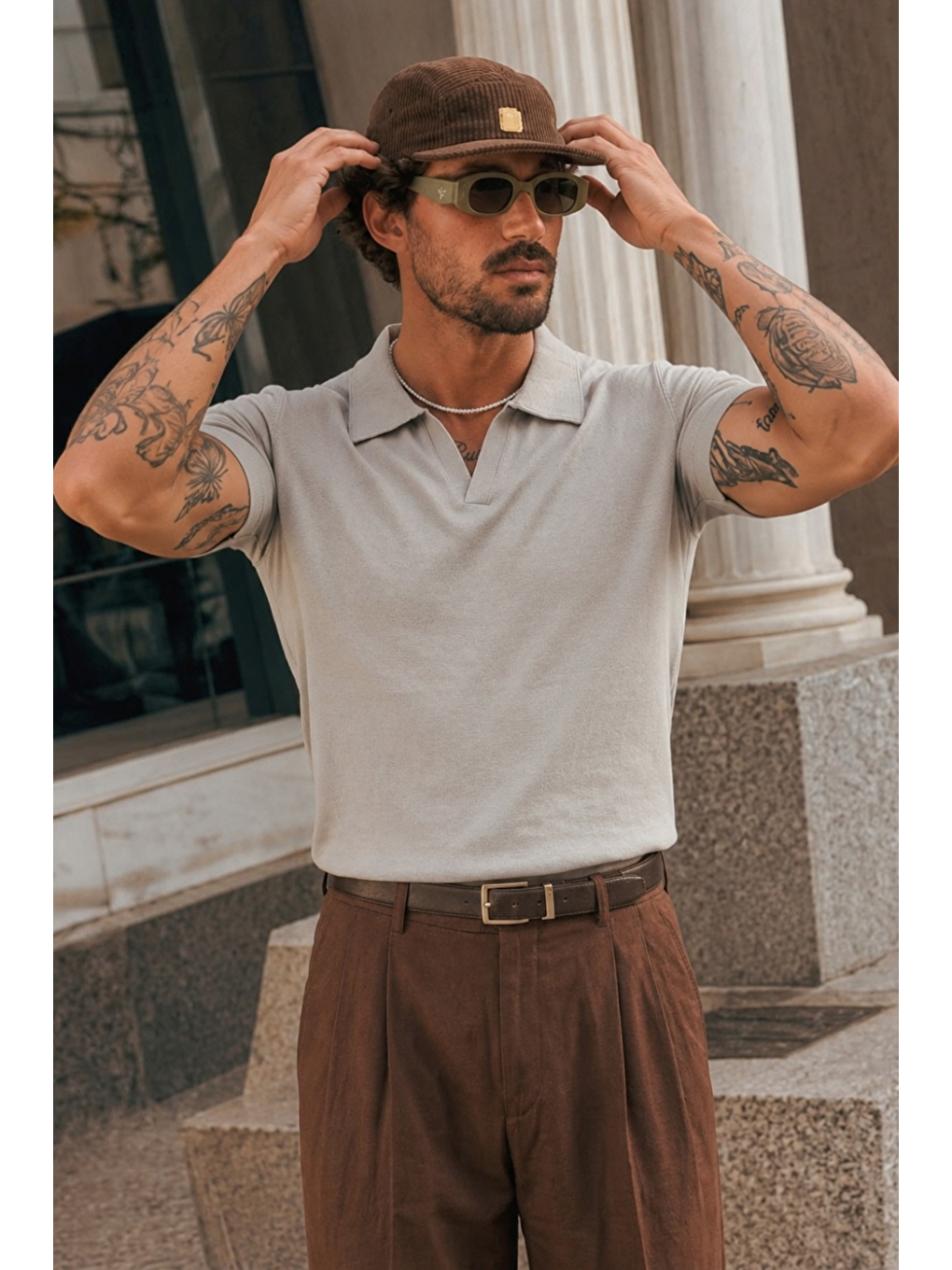Erkek Polo Yaka %100 Pamuklu Basic Gri Tişört-3