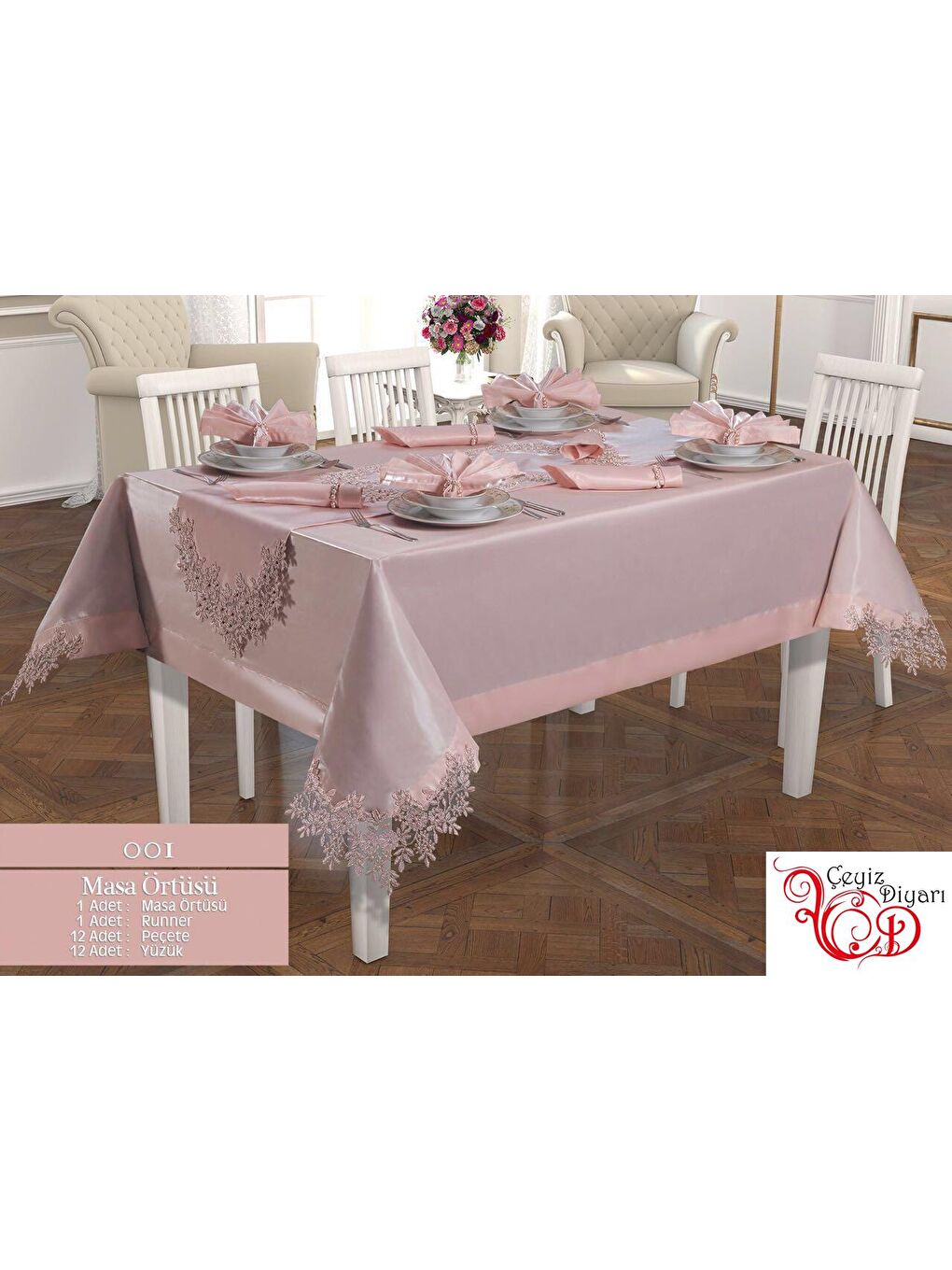 Pembe Fransız Güpürlü Angel Masa Örtüsü Takımı 26 Parça Pudra