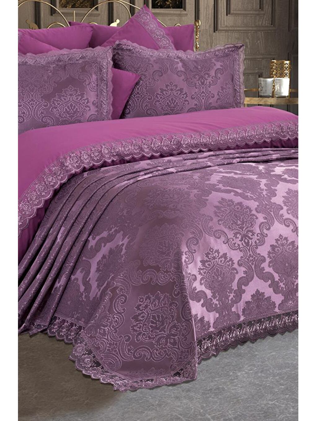 Karışık Fransız Dantelli Lalezar Gelin Seti 7 Parça Mürdüm-5