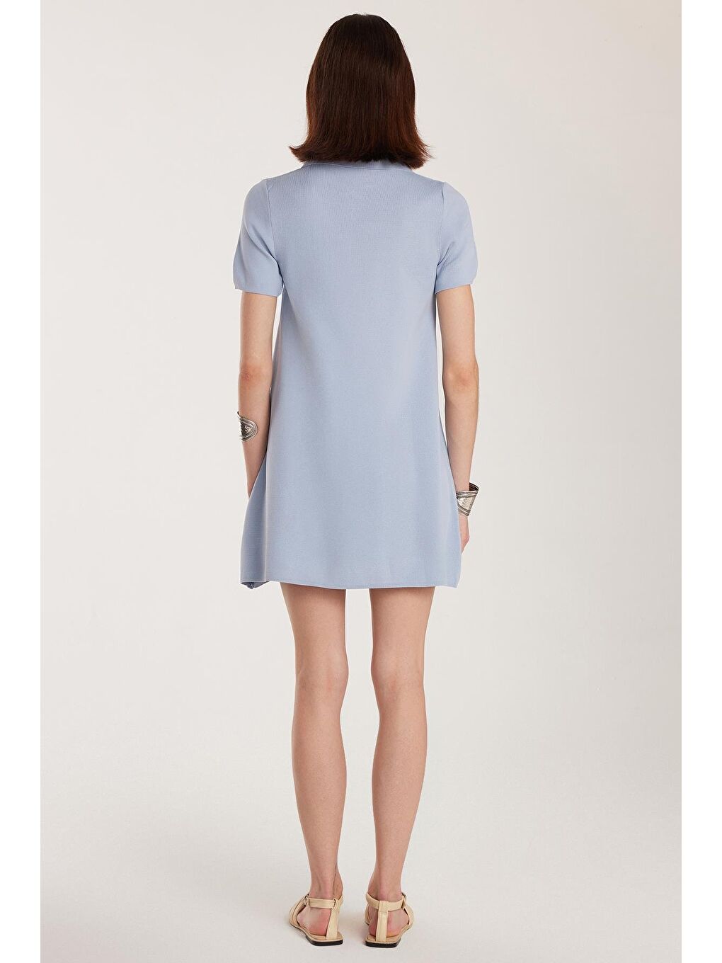 Kadın Standart Fit Kısa Kollu Fermuarlı Gömlek Yaka Mavi Elbise-4