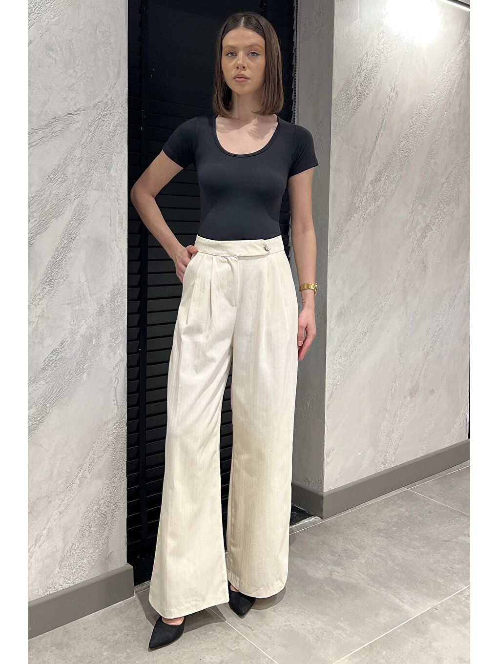 Bej Kadın Bol Paça Keten Pantolon-1