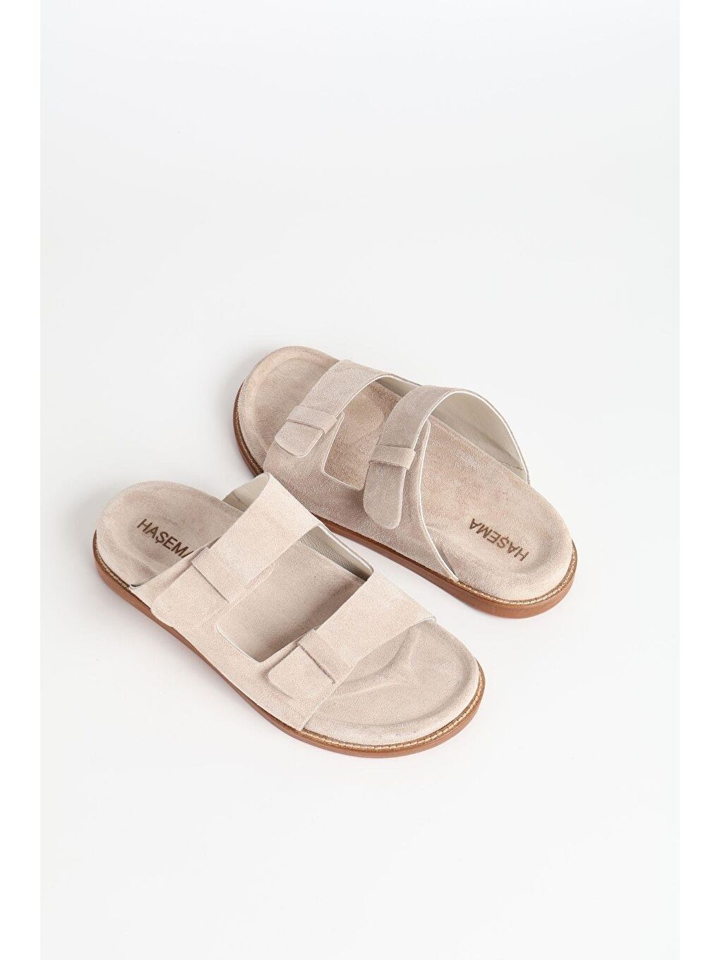 Kadın Süet Çift Bantlı Bej Terlik 156-17-3