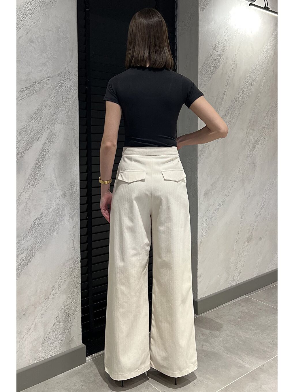 Bej Kadın Bol Paça Keten Pantolon-2