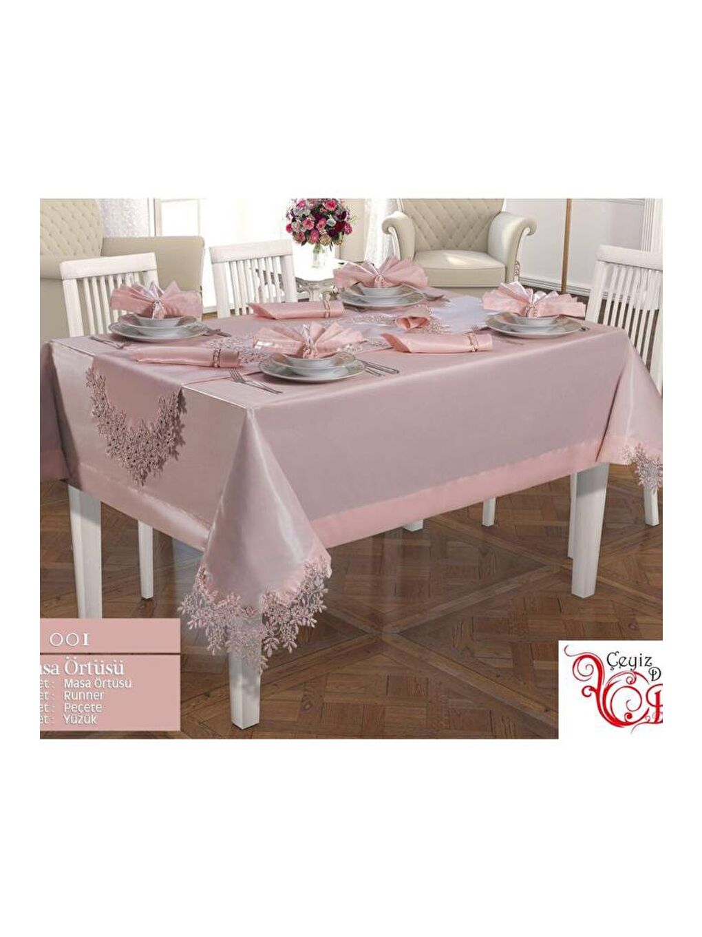Pembe Fransız Güpürlü Angel Masa Örtüsü Takımı 26 Parça Pudra-1