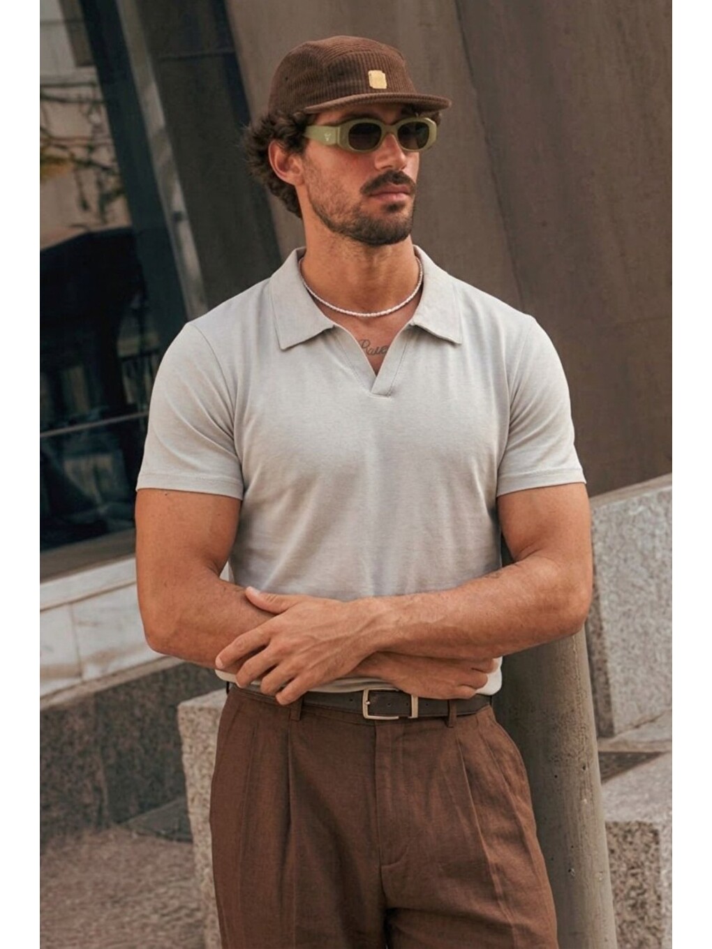 Erkek Polo Yaka %100 Pamuklu Basic Gri Tişört-5