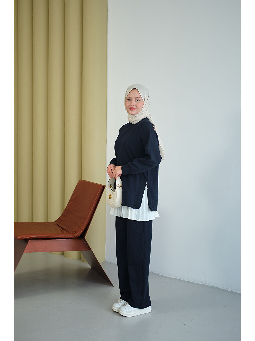 Kadın Yanları Fitilli Fermuarlı Basic Takım Lacivert-2