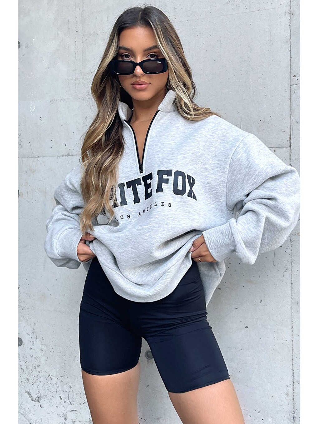 Beyaz Karmelanj Fermuar Detaylı Baskılı Sweatshirt Mg1246-5
