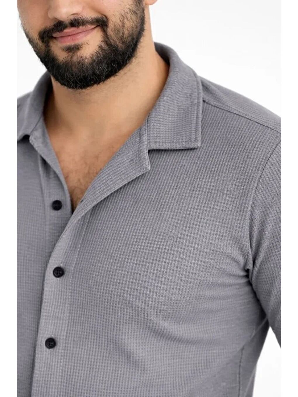 Gri Erkek Waffle Kumaş Uzun Kollu Düğmeli Açık Yaka Regular Fit Gömlek - Füme-1