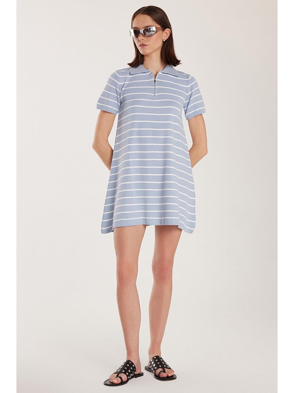 Kadın Standart Fit Kısa Kollu Fermuarlı Gömlek Yaka Çizgili Mavi Elbise