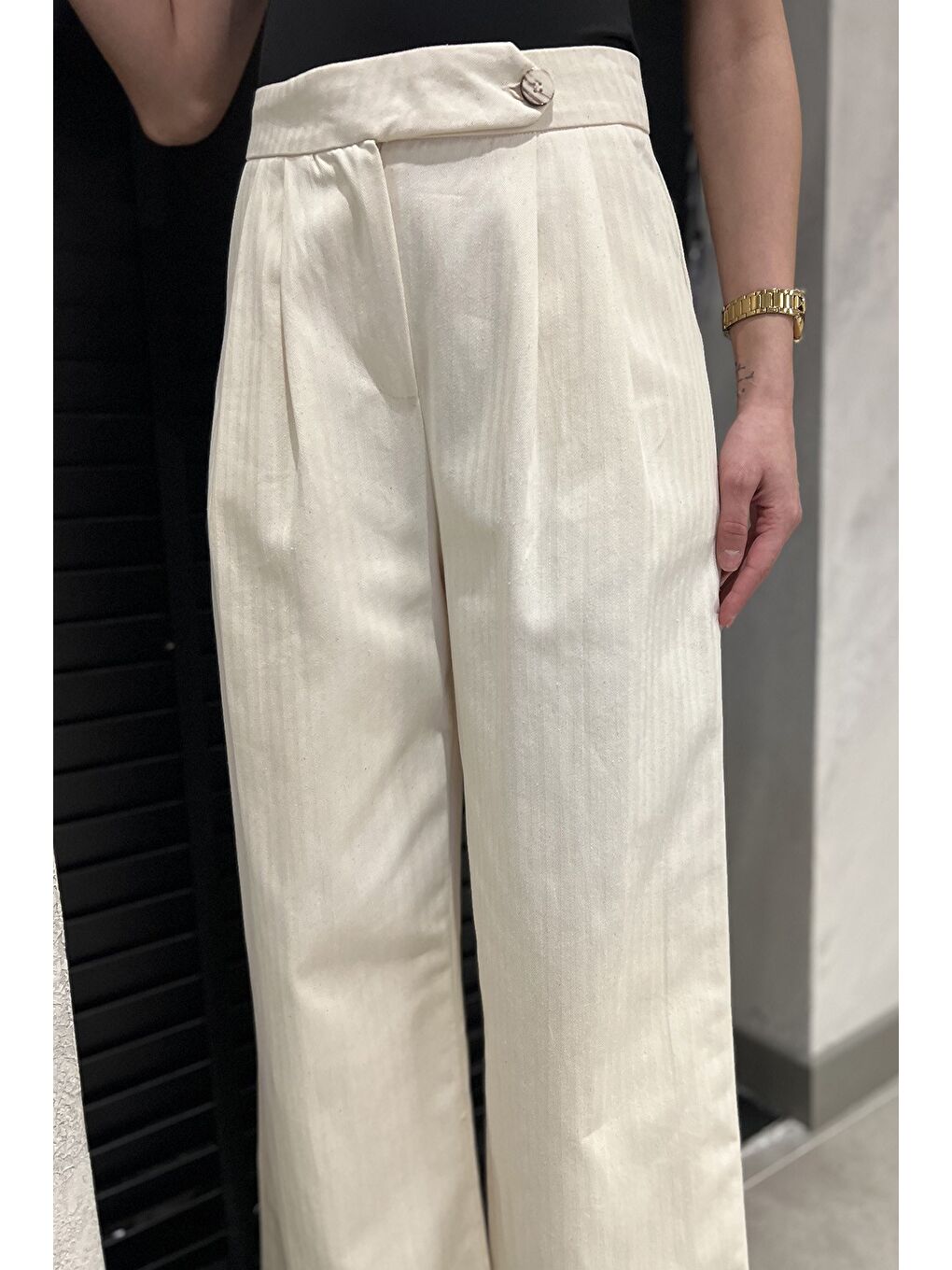 Bej Kadın Bol Paça Keten Pantolon-3