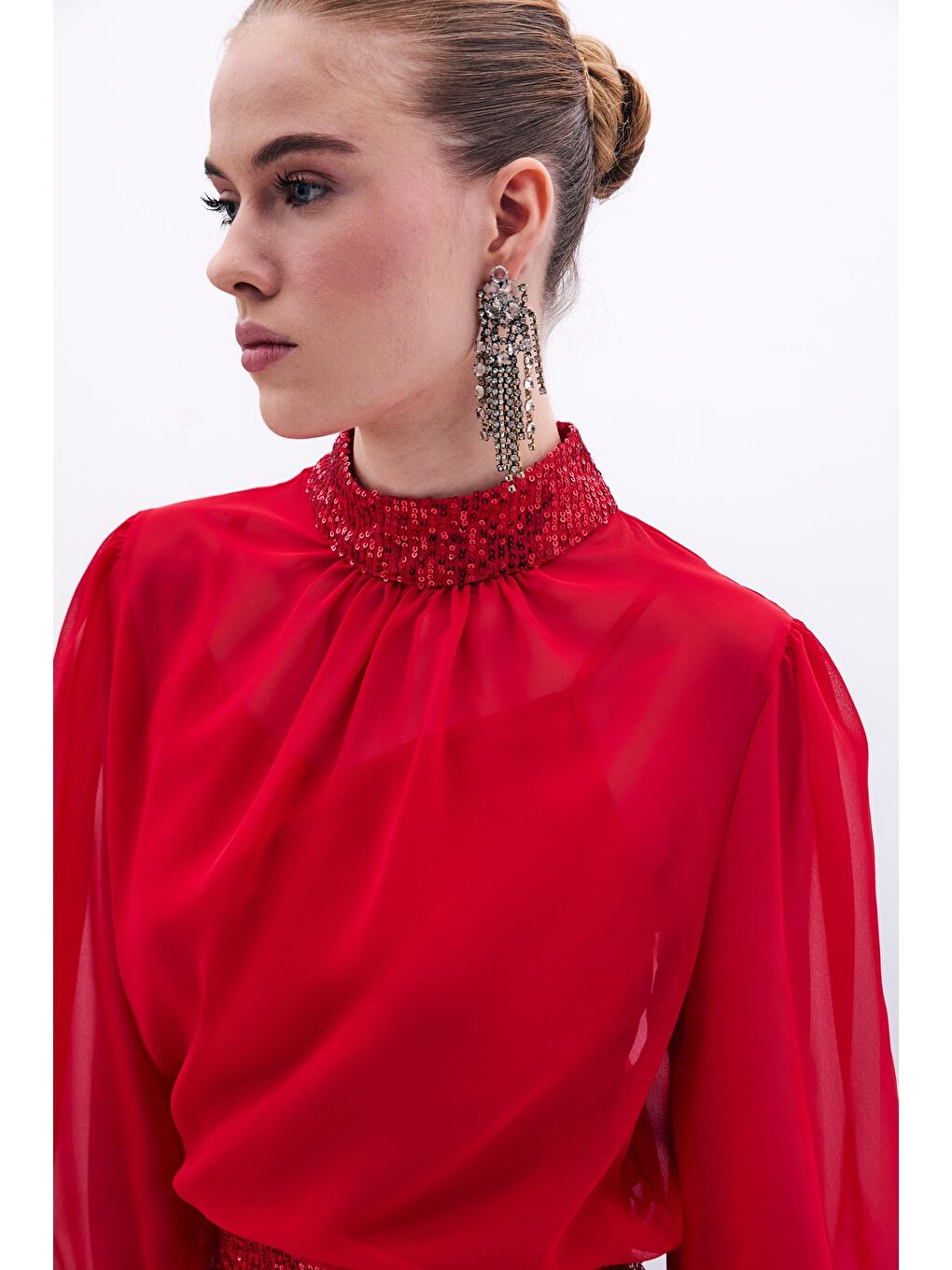Payet Detaylı Bluz - Kırmızı-5