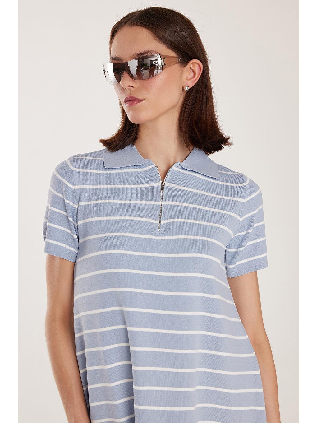 Kadın Standart Fit Kısa Kollu Fermuarlı Gömlek Yaka Çizgili Mavi Elbise-1