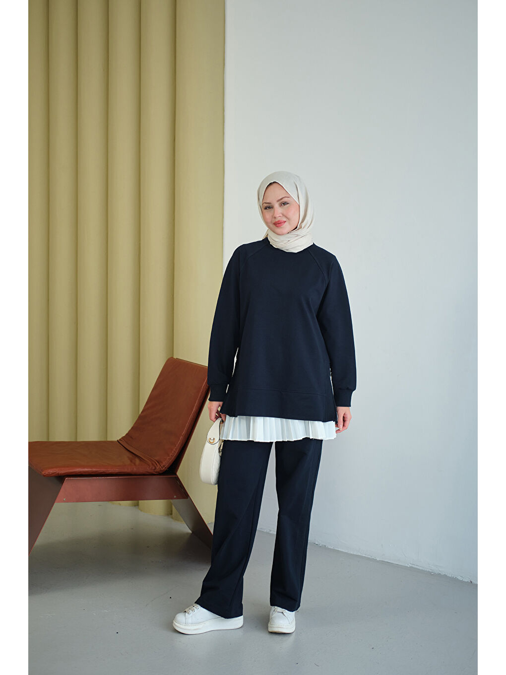 Kadın Yanları Fitilli Fermuarlı Basic Takım Lacivert-3