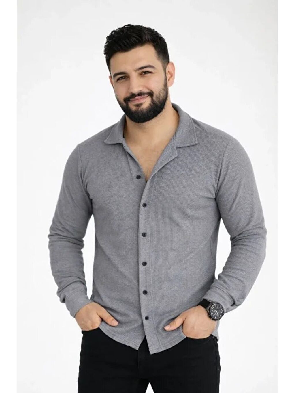 Gri Erkek Waffle Kumaş Uzun Kollu Düğmeli Açık Yaka Regular Fit Gömlek - Füme-2