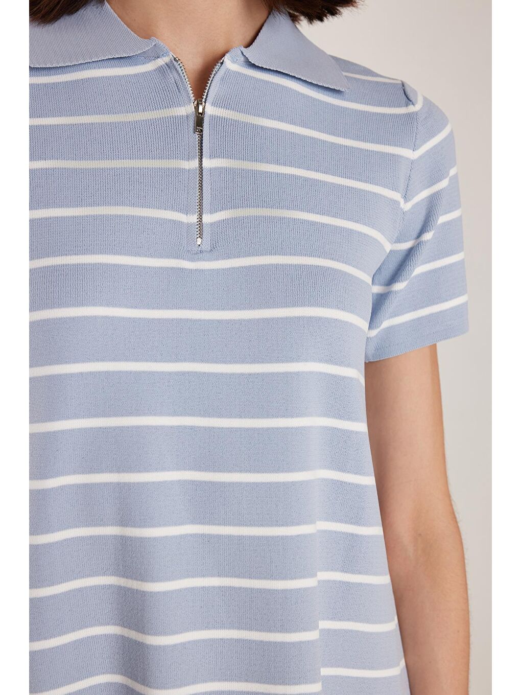 Kadın Standart Fit Kısa Kollu Fermuarlı Gömlek Yaka Çizgili Mavi Elbise-2