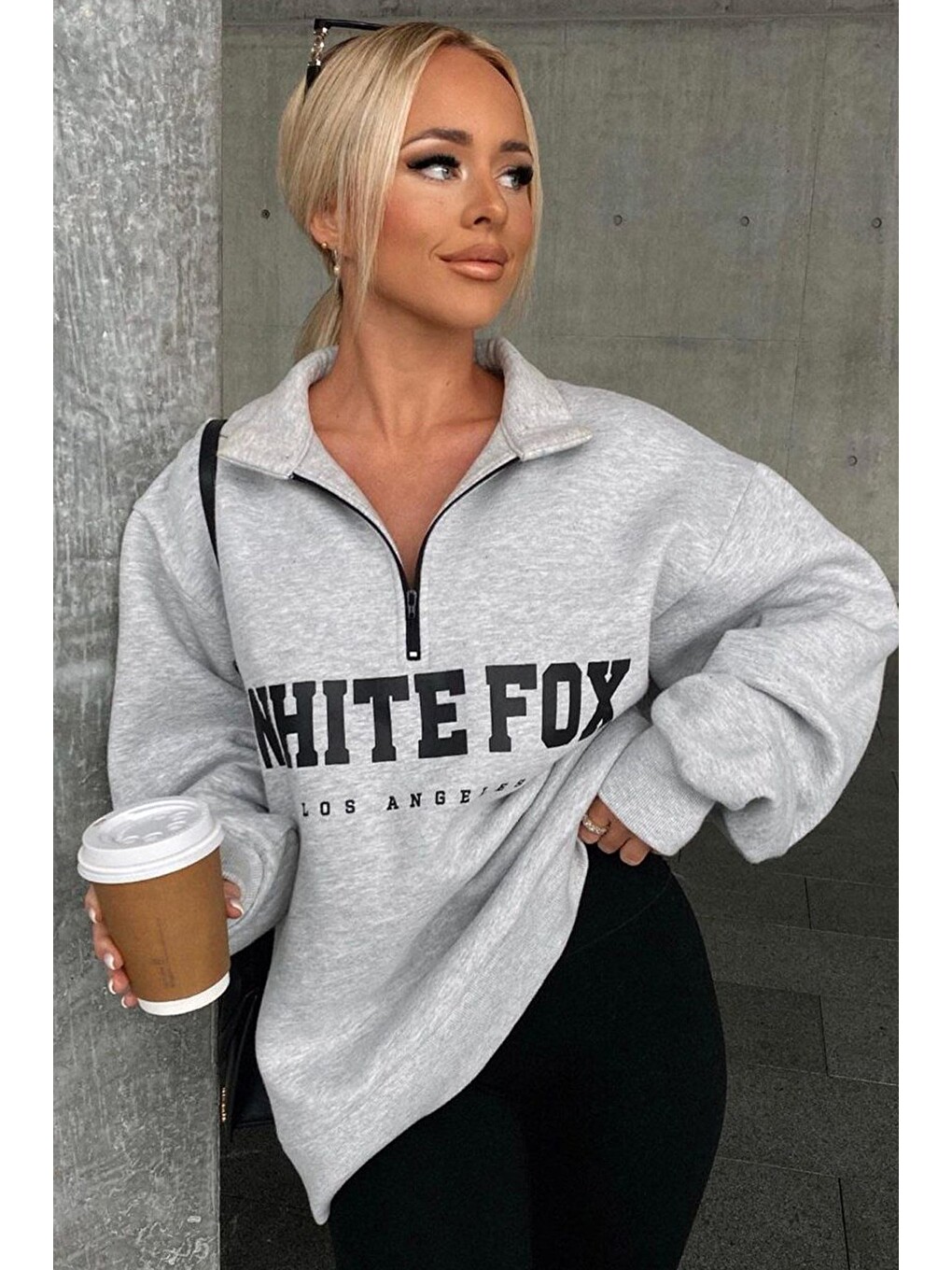 Beyaz Karmelanj Fermuar Detaylı Baskılı Sweatshirt Mg1246-6