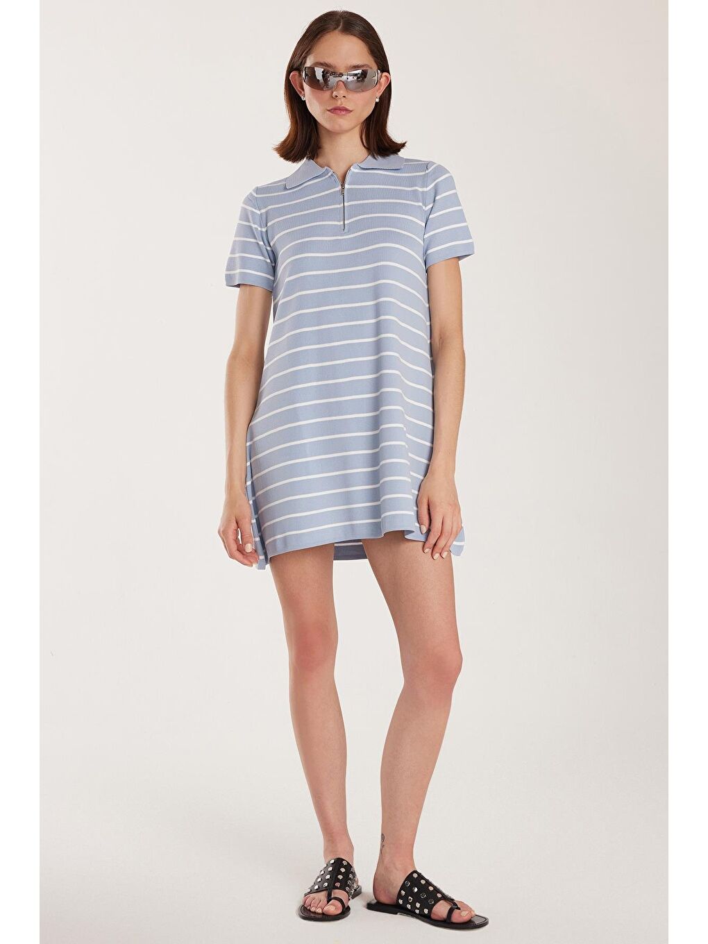 Kadın Standart Fit Kısa Kollu Fermuarlı Gömlek Yaka Çizgili Mavi Elbise-3