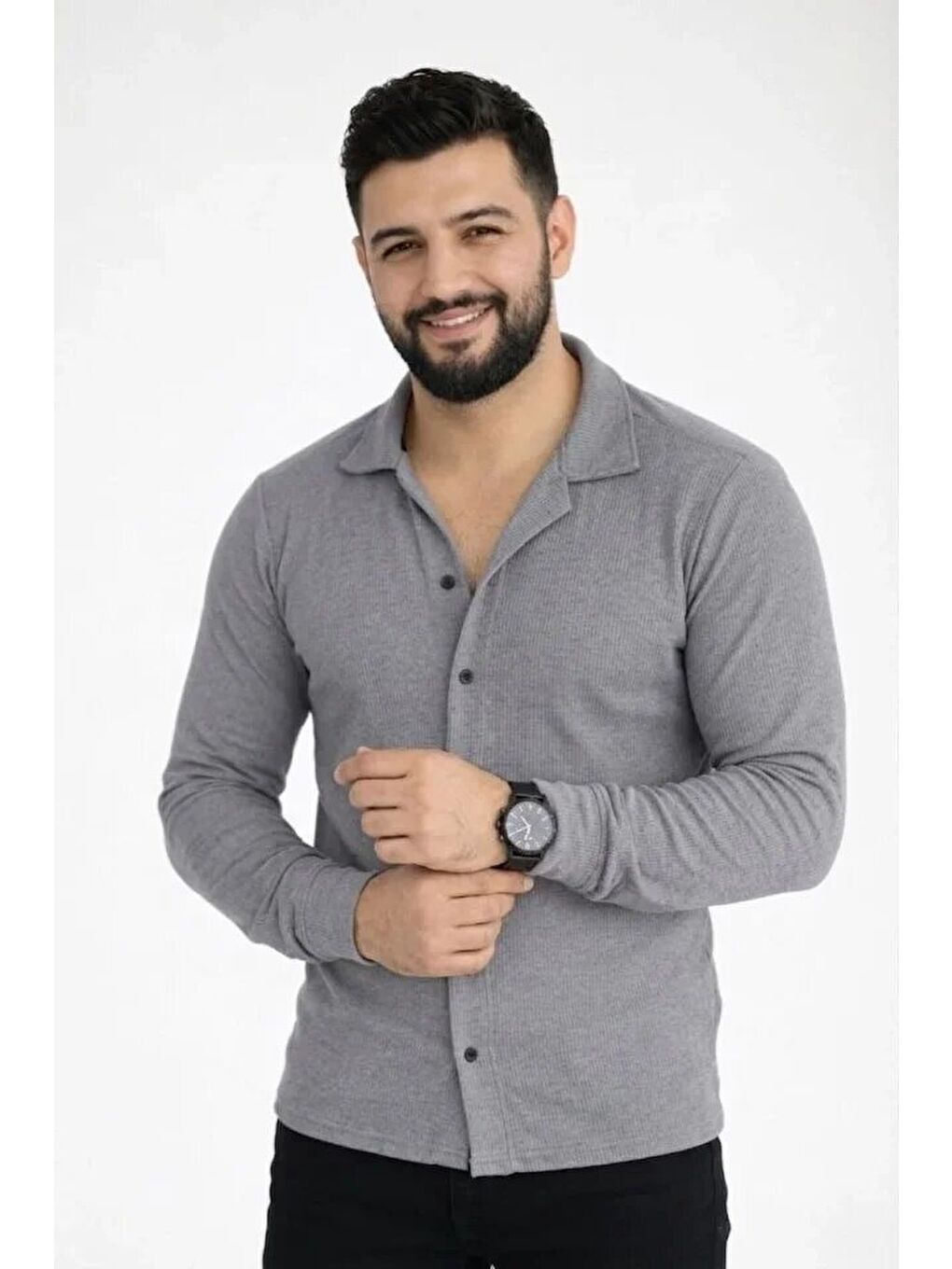 Gri Erkek Waffle Kumaş Uzun Kollu Düğmeli Açık Yaka Regular Fit Gömlek - Füme-3
