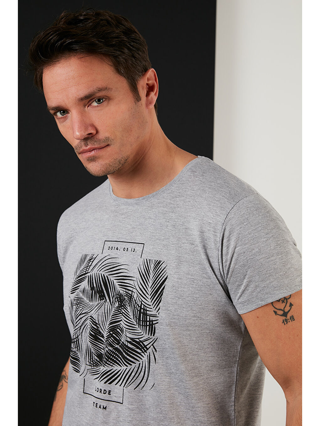 Gri Baskılı %100 Pamuk Bisiklet Yaka Slim Fit Tişört 541LORDETEAM-1
