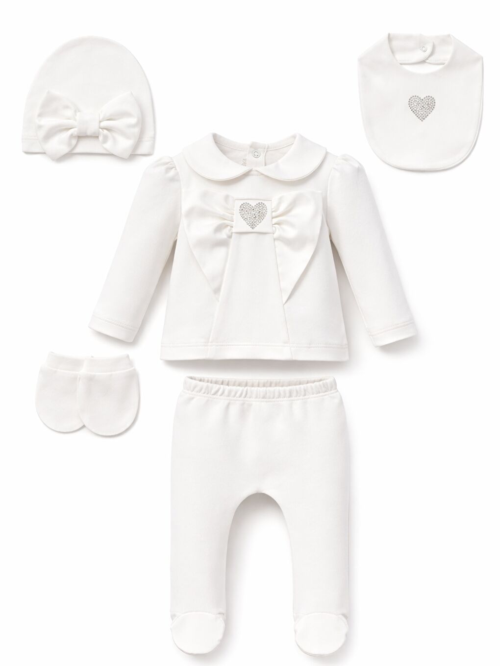 Beyaz Kız Bebek 5li Hastane Çıkış Seti 0-3 ay Kalpli Fiyonklu Pamuklu Lüx
