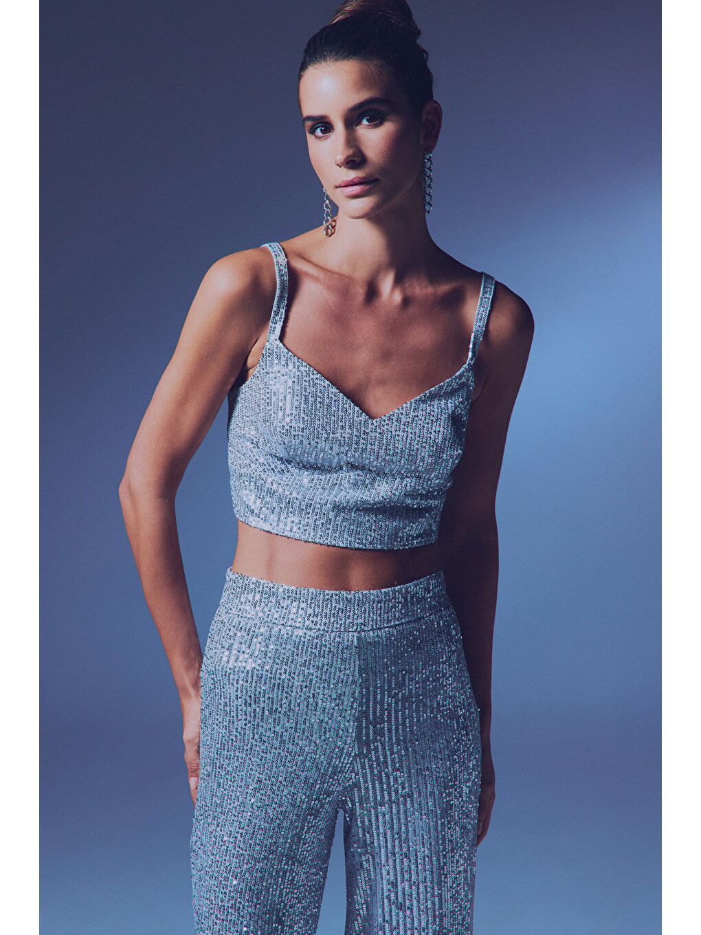 Kalın Askılı Payet Crop - Gri-1