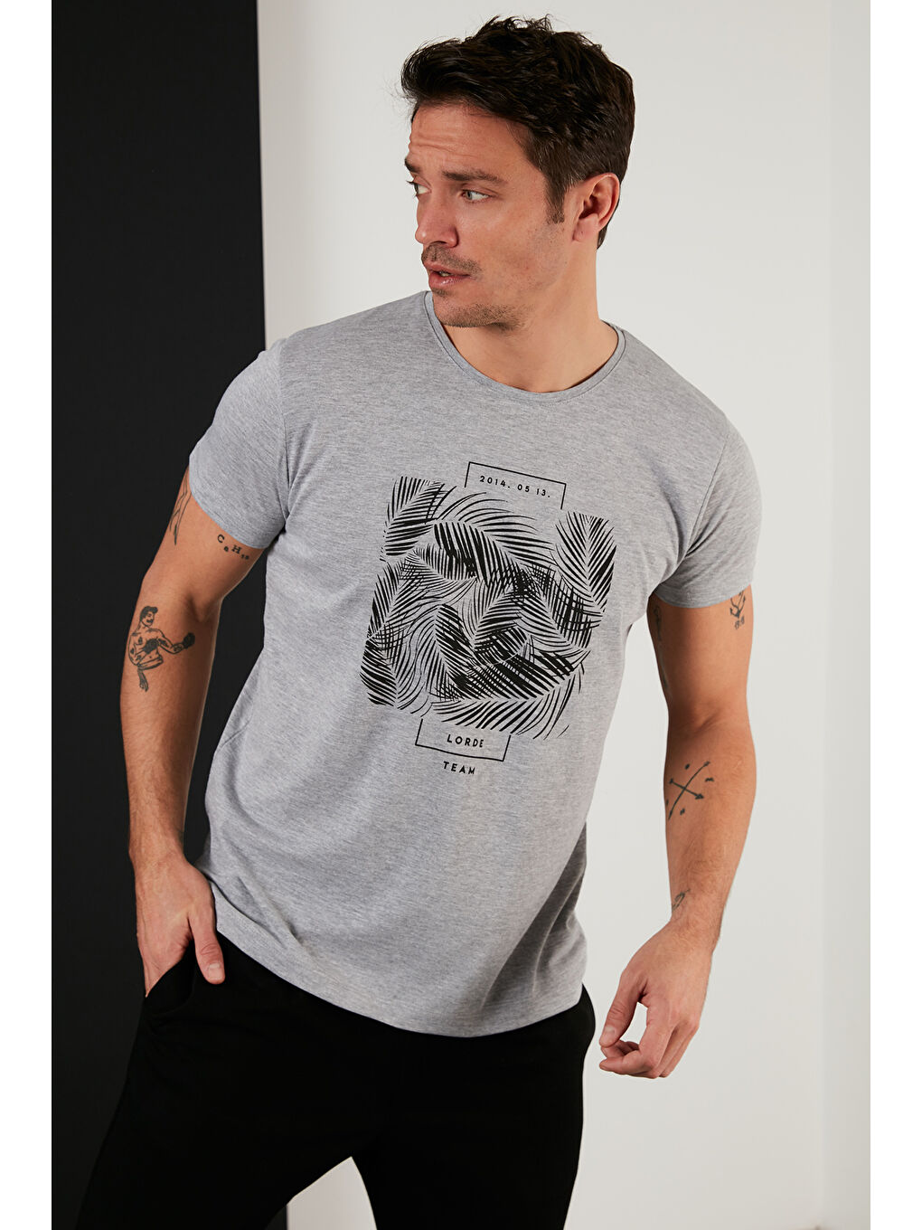 Gri Baskılı %100 Pamuk Bisiklet Yaka Slim Fit Tişört 541LORDETEAM-2