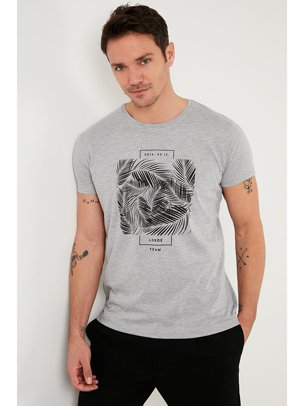 Gri Baskılı %100 Pamuk Bisiklet Yaka Slim Fit Tişört 541LORDETEAM-3