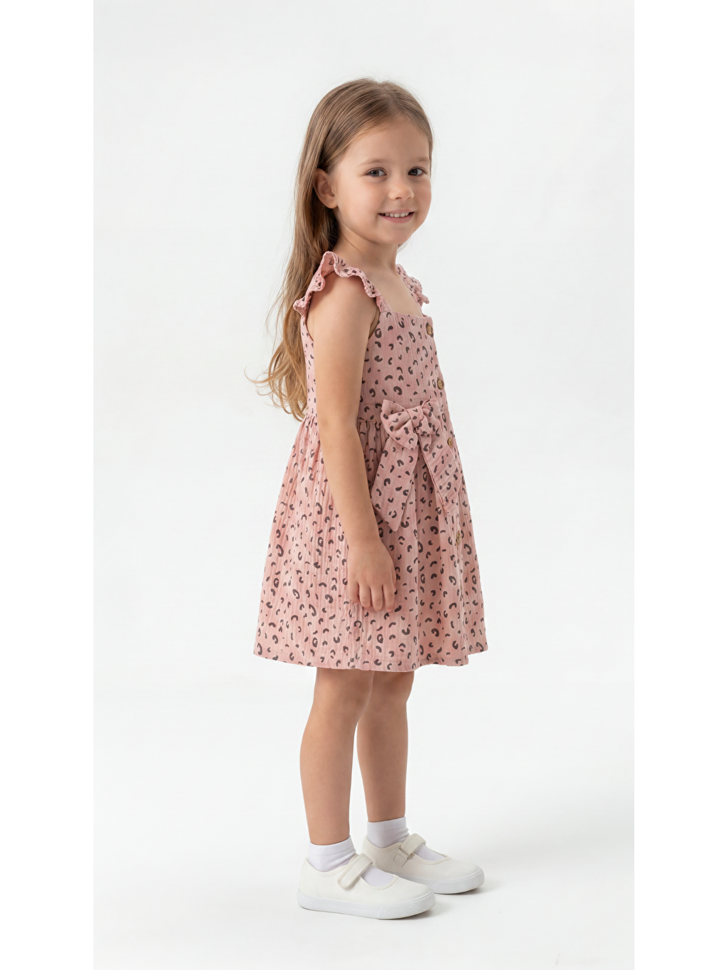 Pembe Leopar Desenli Kız Çocuk Elbise-1