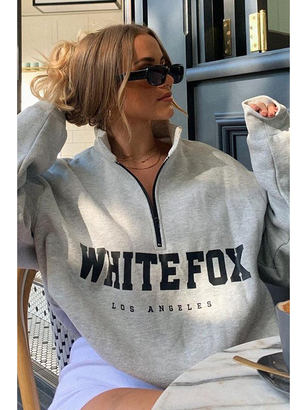 Beyaz Karmelanj Fermuar Detaylı Baskılı Sweatshirt Mg1246-7