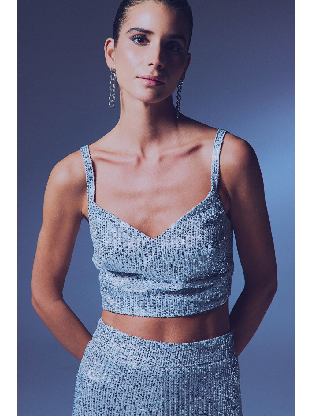 Kalın Askılı Payet Crop - Gri-3