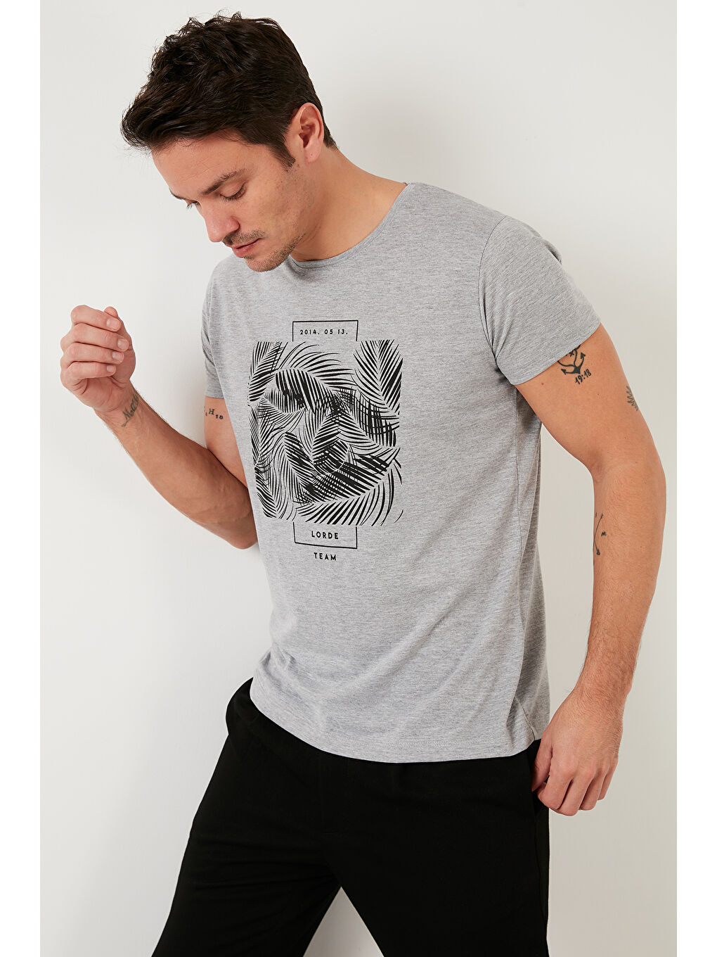 Gri Baskılı %100 Pamuk Bisiklet Yaka Slim Fit Tişört 541LORDETEAM-5