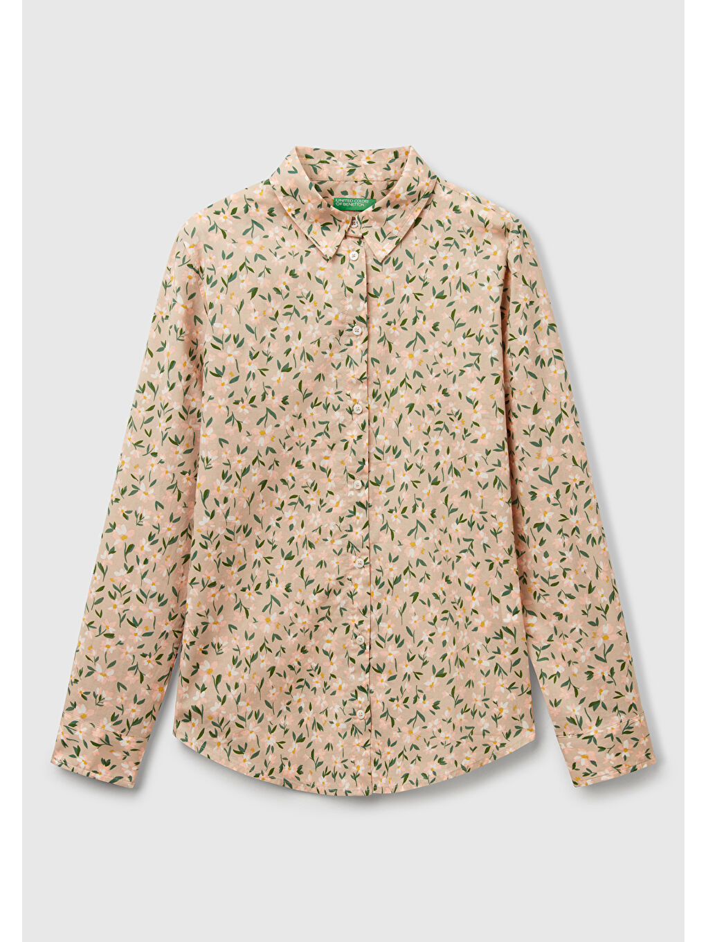 Kadın Bej-Yeşil %100 Pamuk Desenli Manşetli Regular Fit Müslin Gömlek-1