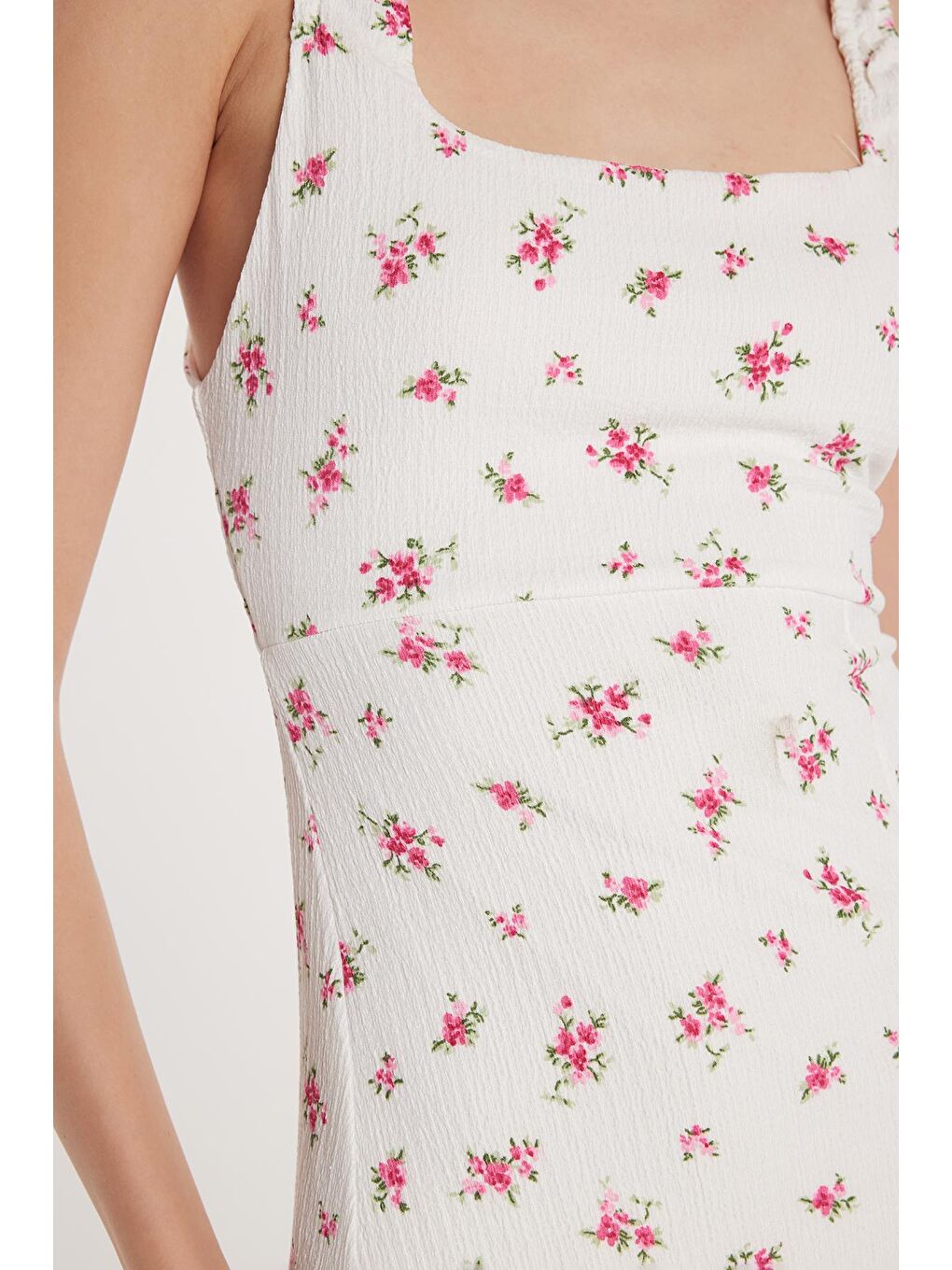 Karışık Kadın Slim Fit Dar Kesim İnce Askılı Kare Yaka Baskılı Gofre Kumaş Elbise-2