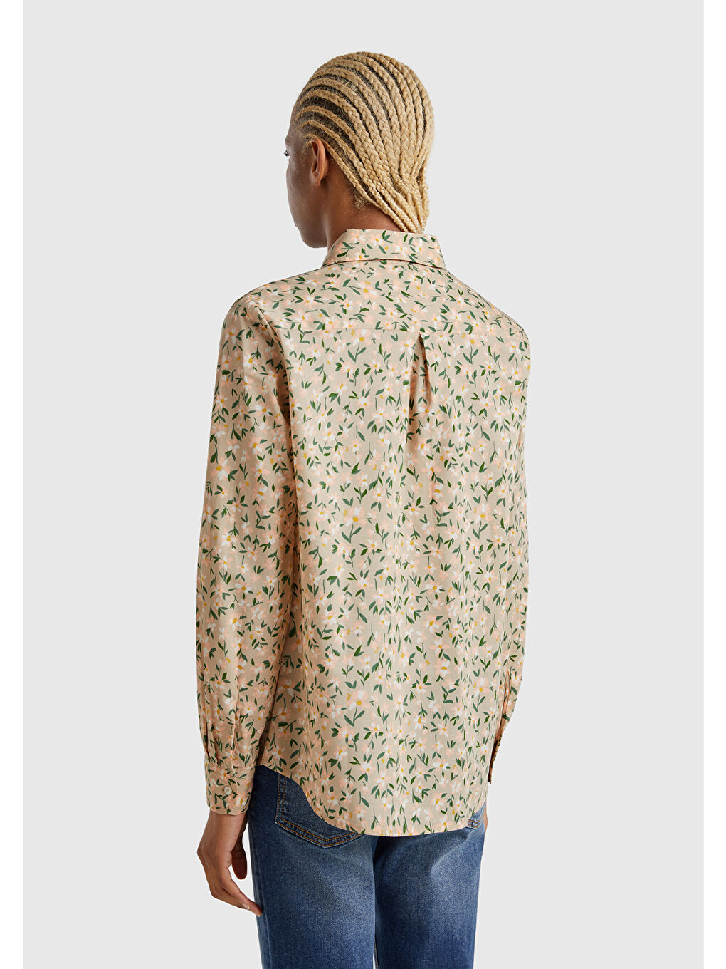 Kadın Bej-Yeşil %100 Pamuk Desenli Manşetli Regular Fit Müslin Gömlek-2
