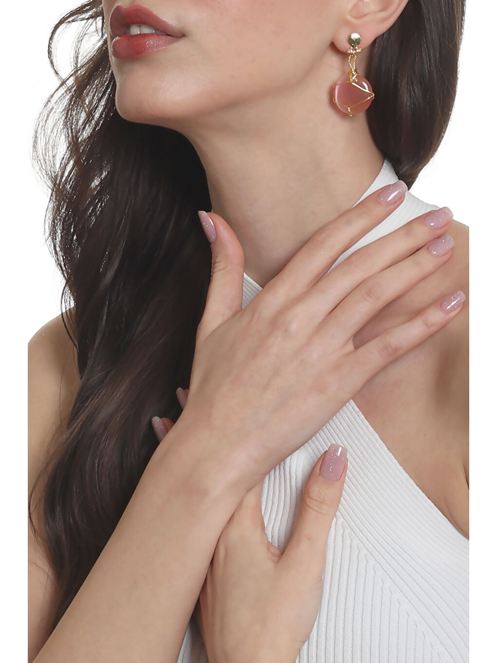 Pembe Kadın Çivili Model Altın Renk Tel Sarma Tasarım Kedigözü Küpe-3